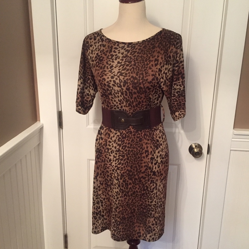 MSK DRESS MINI TUNIC BELTED BROWN LEOPARD ANIMAL PRINT SHORT SLEEVE SMALL